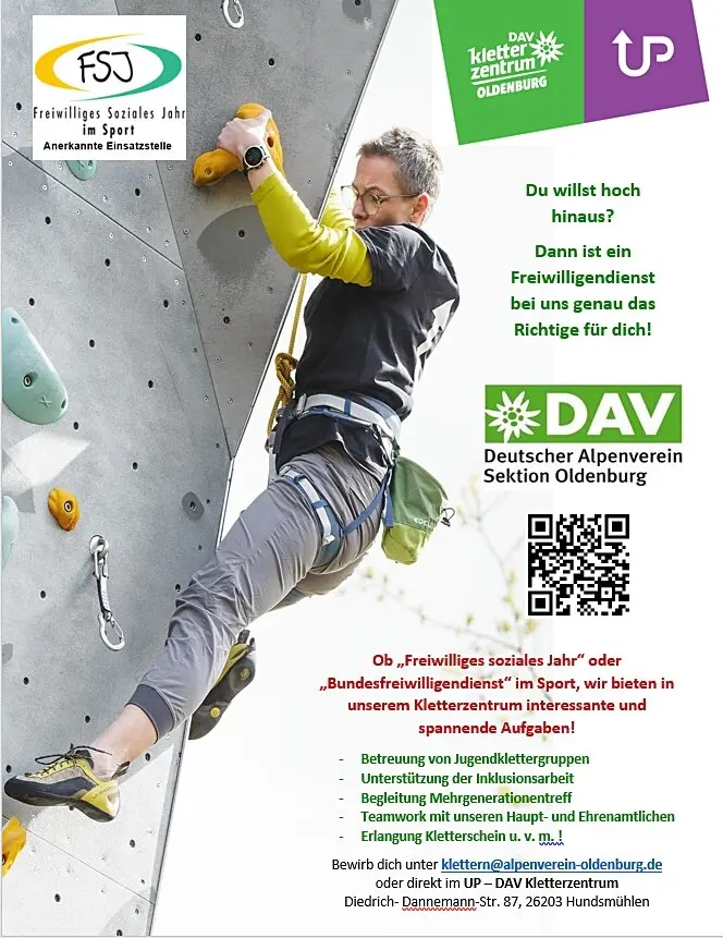 Plakat-Ausschreibung für ein soziales freiwilliges Jahr, eine Frau klettert an einer Klettwand, daneben ist der Text der Ausschreibung | © Thomas Tamke