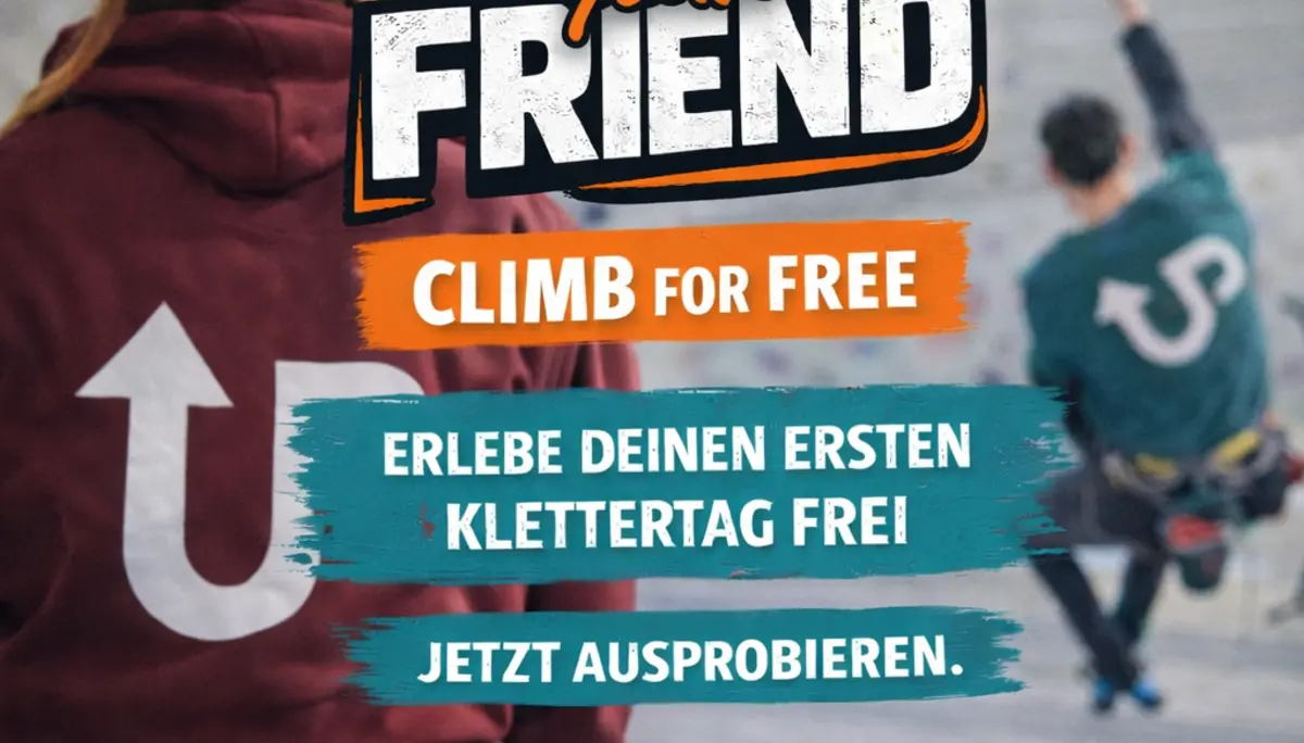 Zwei Kletterer auf Bild mit Aufschrift Hook your friend | © Kletterzentrum