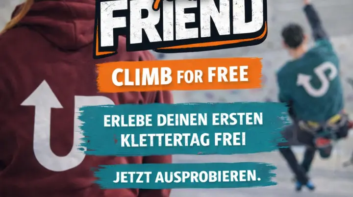 Zwei Kletterer auf Bild mit Aufschrift Hook your friend | © Kletterzentrum