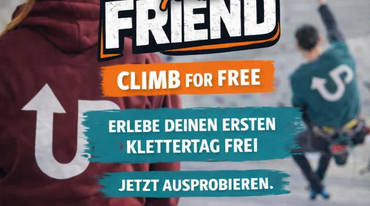 Zwei Kletterer auf Bild mit Aufschrift Hook your friend | © Kletterzentrum