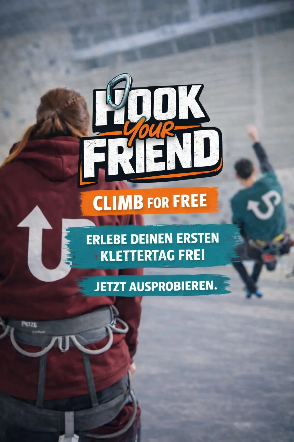 Zwei Kletterer auf Bild mit Aufschrift Hook your friend | © Kletterzentrum