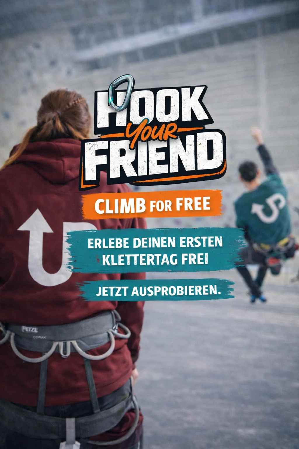 Zwei Kletterer auf Bild mit Aufschrift Hook your friend | © Kletterzentrum