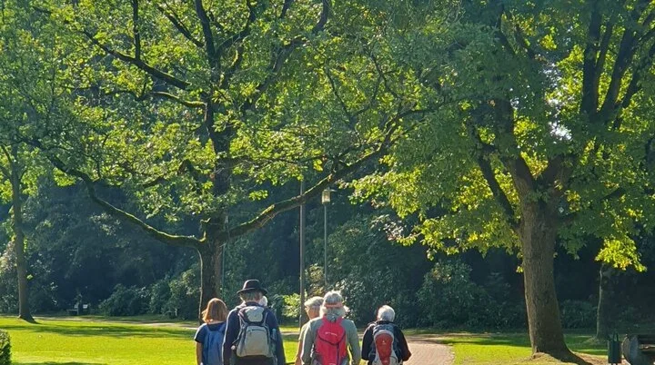 Eine Gruppe wandert durch einen Park mit hohen Bäumen | © Elke Brüggemann
